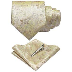 Floral Necktie Pocket Square Tie Clip Light Yellow
